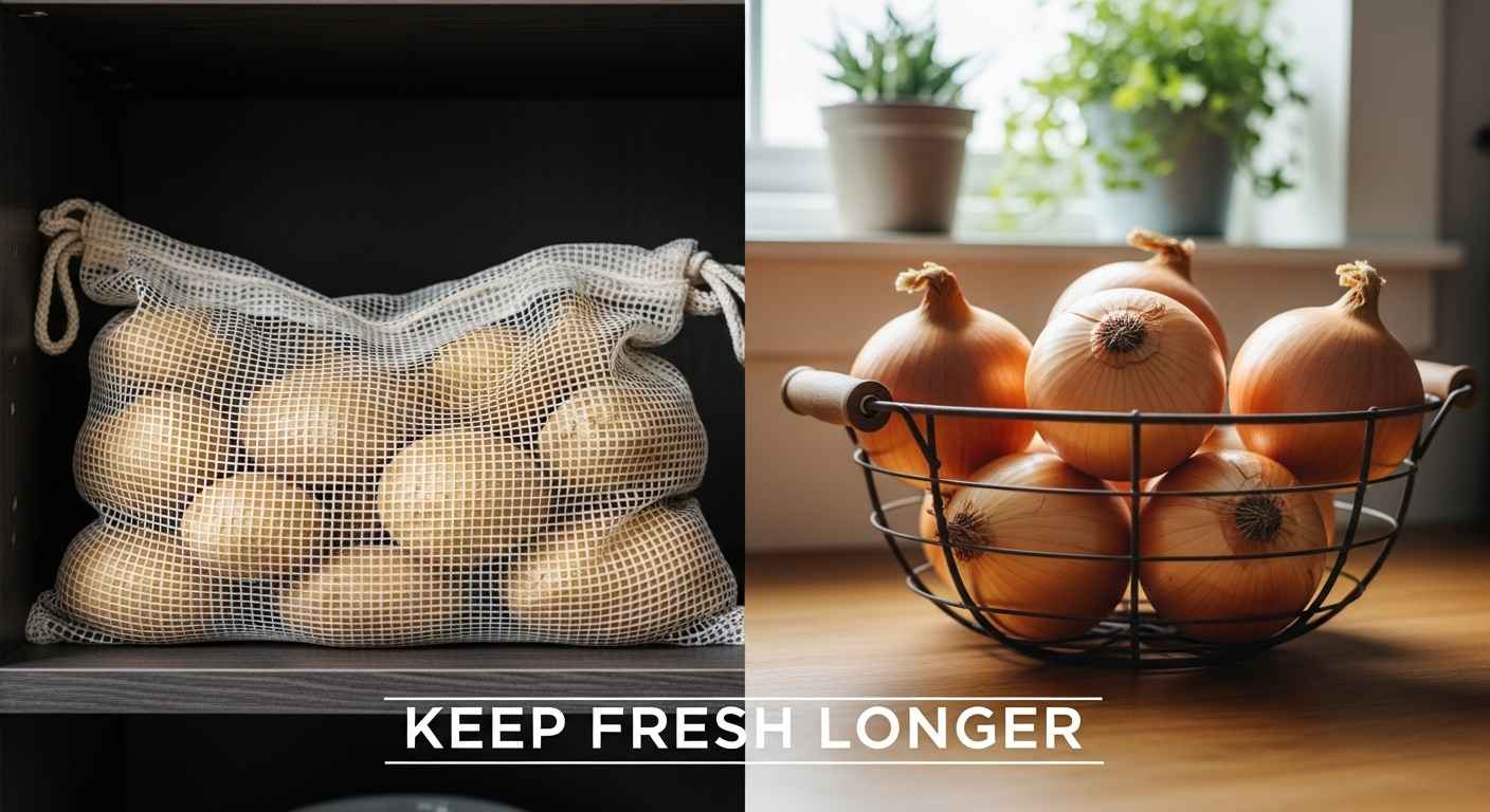 Thumbnail showing potatoes in mesh bag and onions in basket, divided to highlight proper storage.