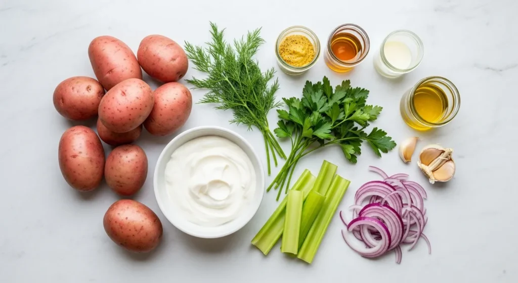 Potatoes, yogurt, herbs, and veggies on a cutting board.