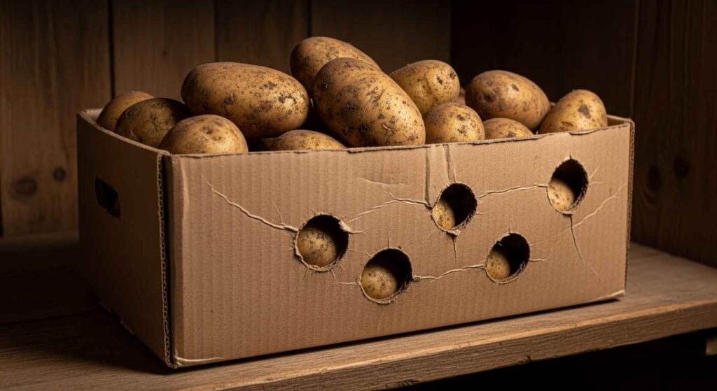 Cardboard box with holes holding fresh potatoes in dark pantry.