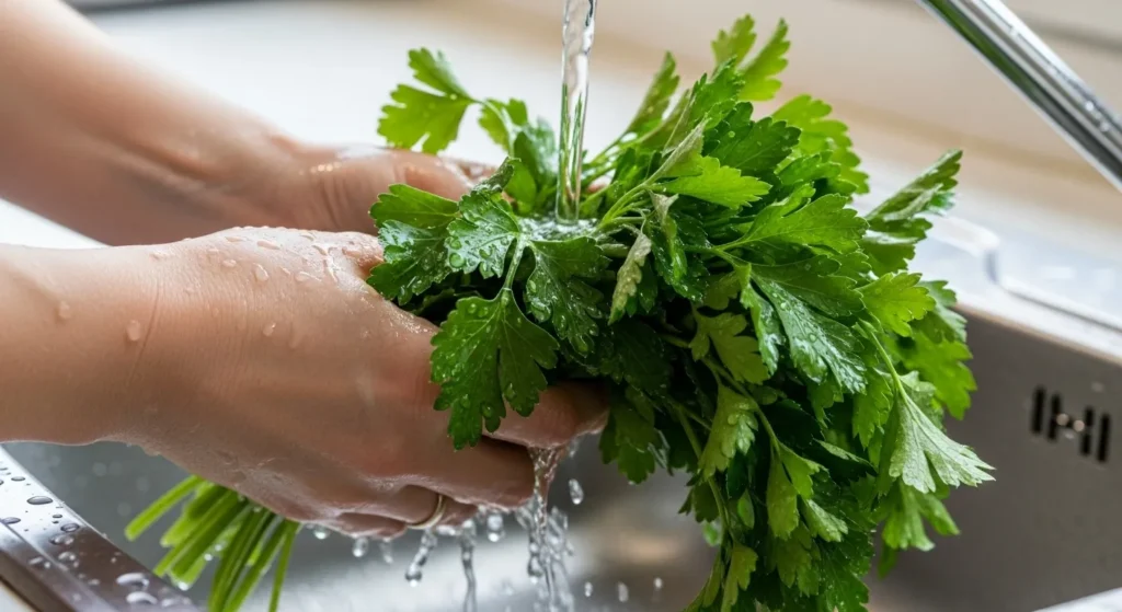 Close-up of hands rinsing parsley under water.