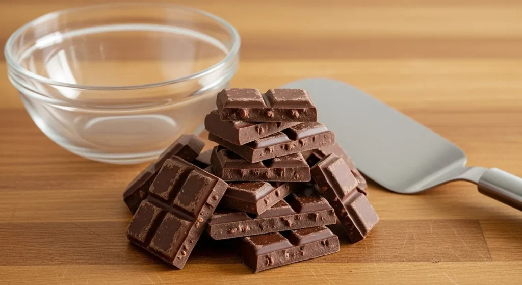Dry bowl, spatula, and chopped chocolate on counter.