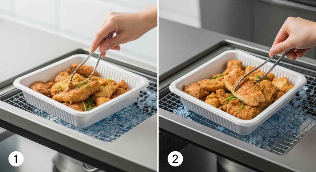 Visual guide showing proper food freezing steps including cooling, packaging, and labeling