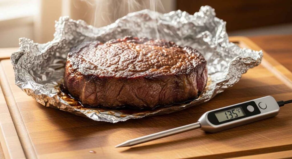 Photo showing properly rested steak on wooden cutting board with loose foil tent