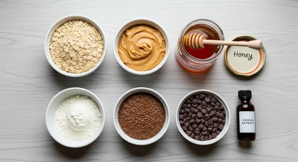 Ingredients for simple no-bake protein balls recipe including oats, peanut butter, and chocolate chips.