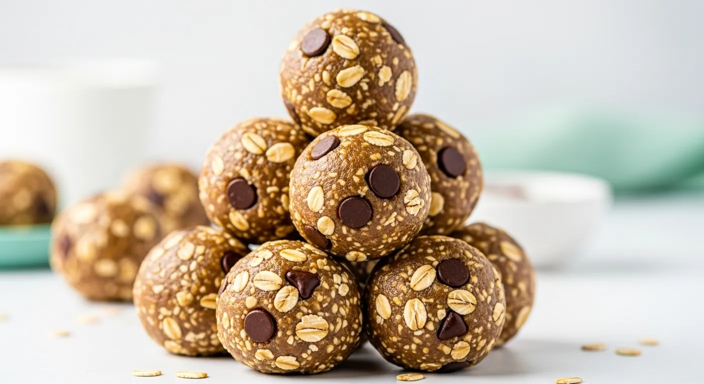 Vibrant no-bake protein balls on a bright background.