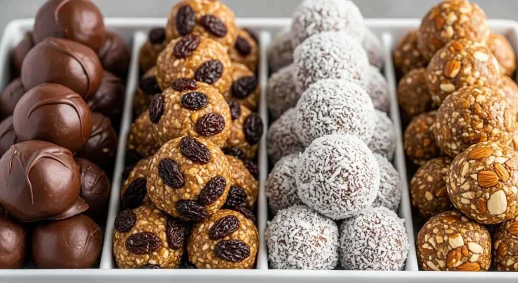 Assortment of protein ball flavors including chocolate, cinnamon, and coconut.