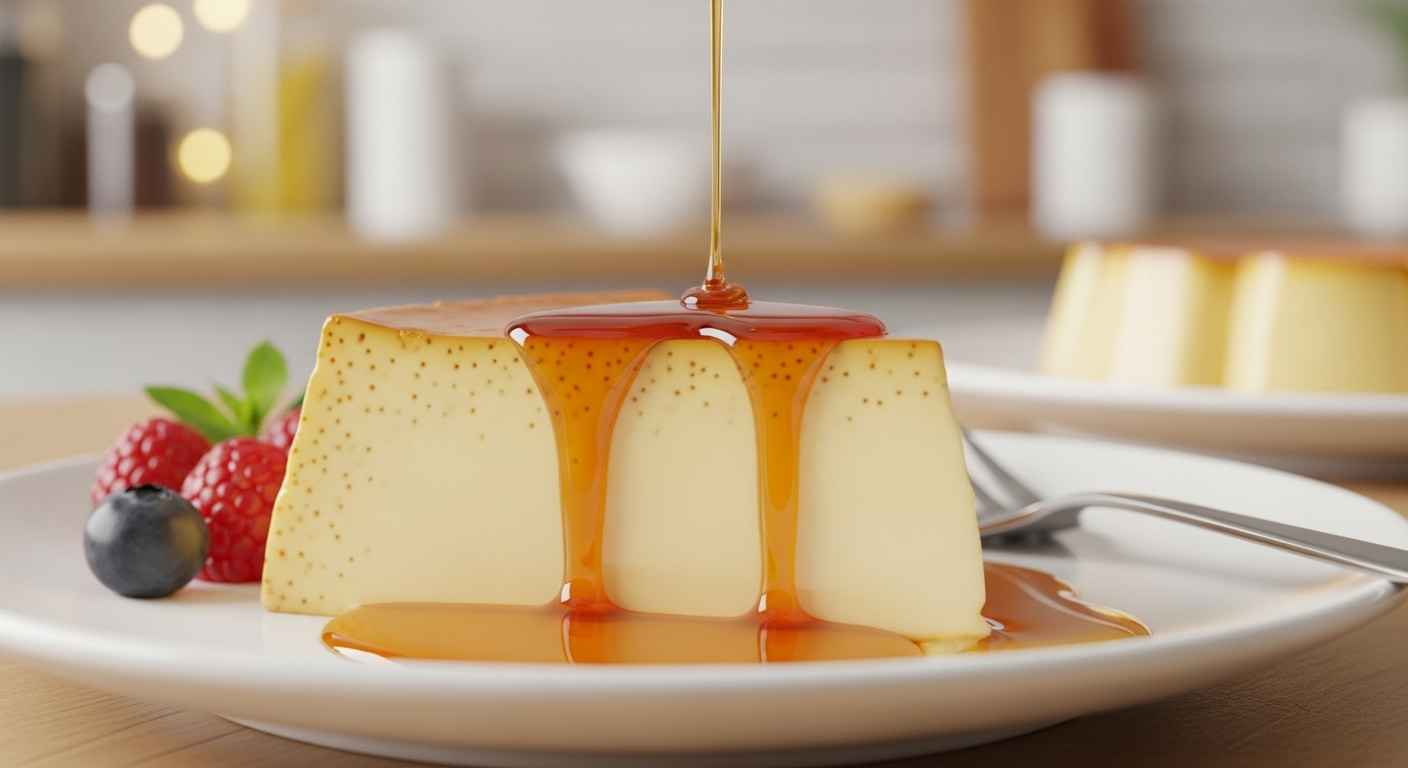 Slice of Puerto Rican flan with golden caramel topping.