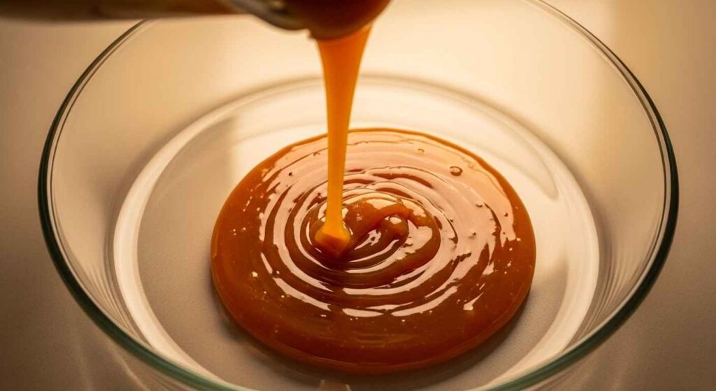 Amber caramel coating bottom of baking dish for flan recipe.