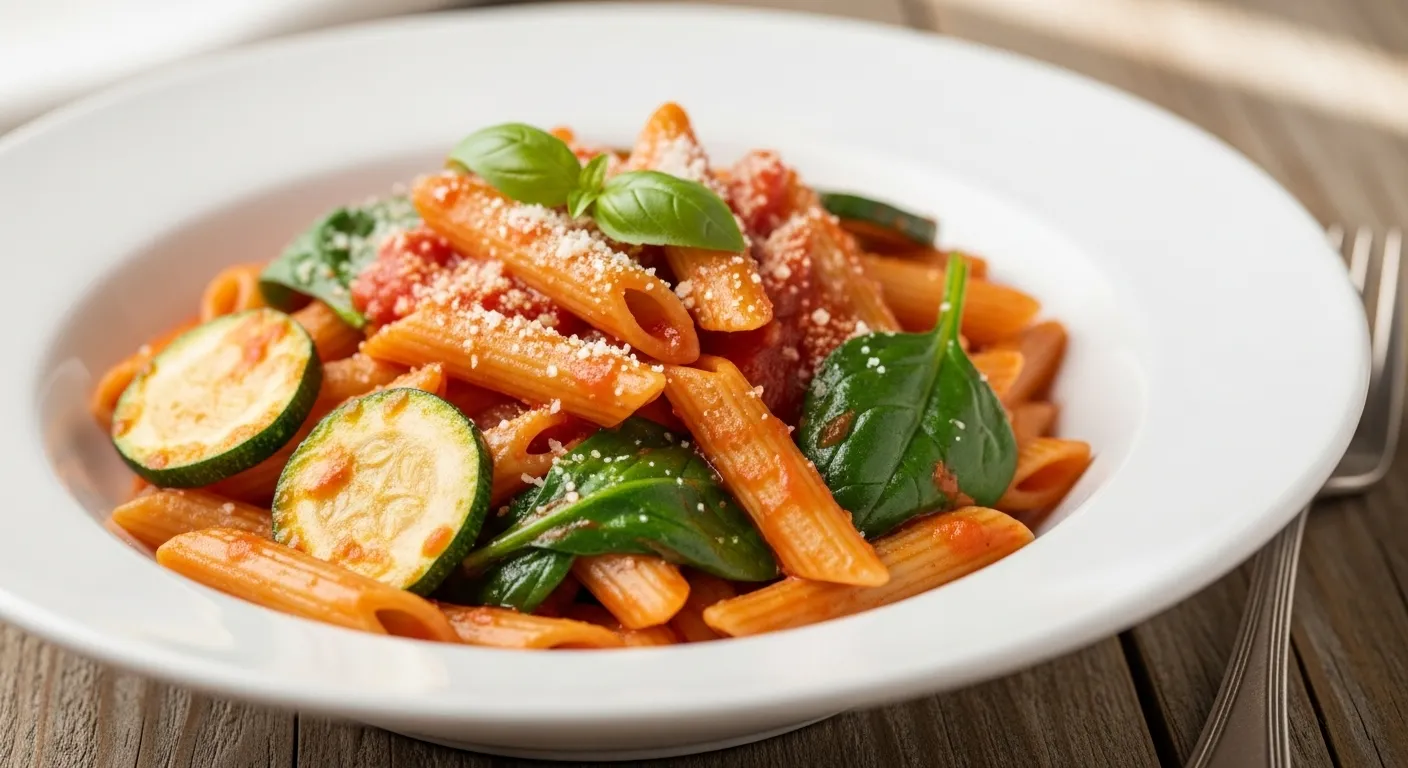 Colorful pasta dish with tomatoes and herbs.