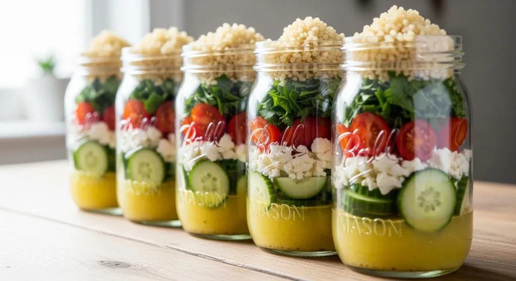 Mason jar salads with quinoa, tomatoes, and feta.