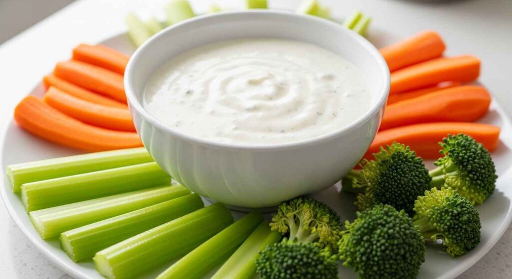 Bowl of ranch dressing next to carrot sticks and celery.