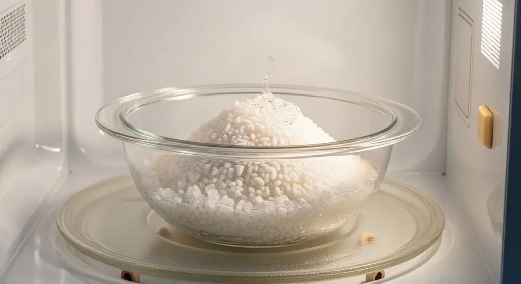 Microwave-safe bowl with frozen rice and a splash of water being reheated.