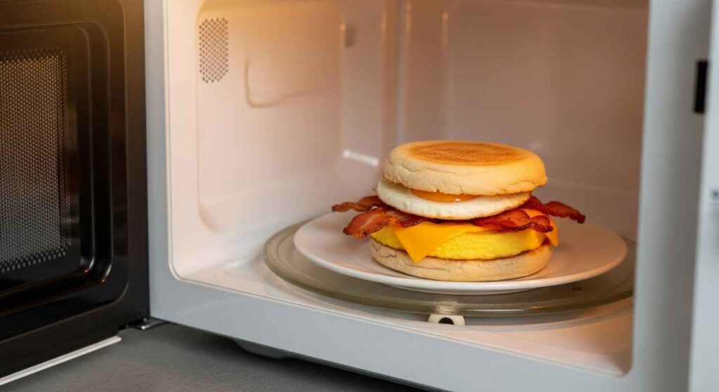 Frozen breakfast sandwich reheating in microwave.