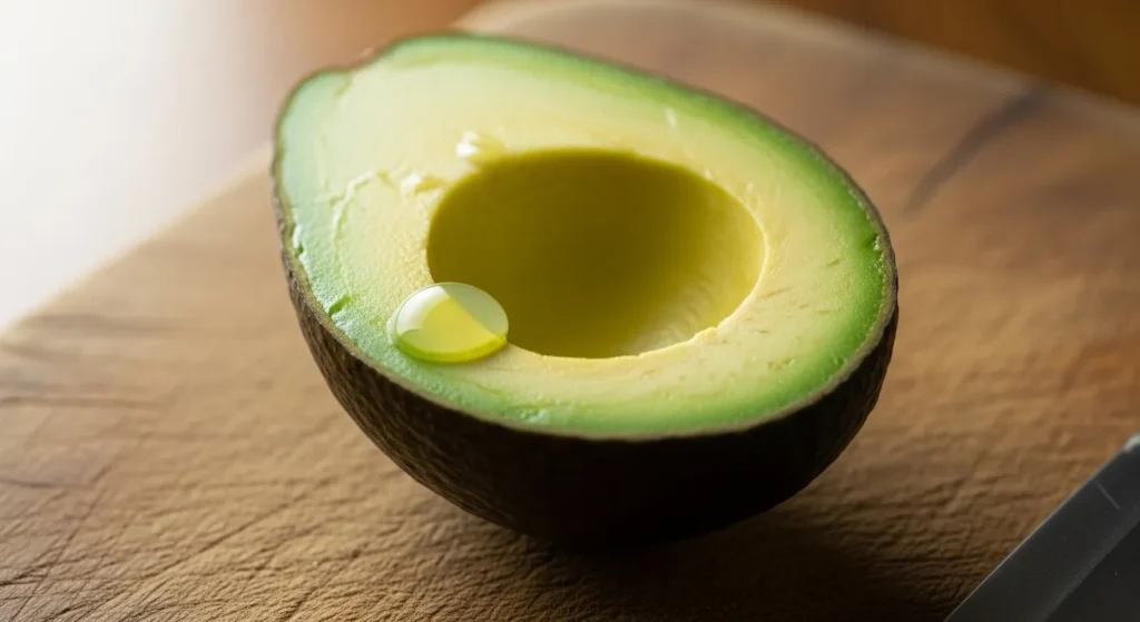 Close-up of ripe avocado halved.