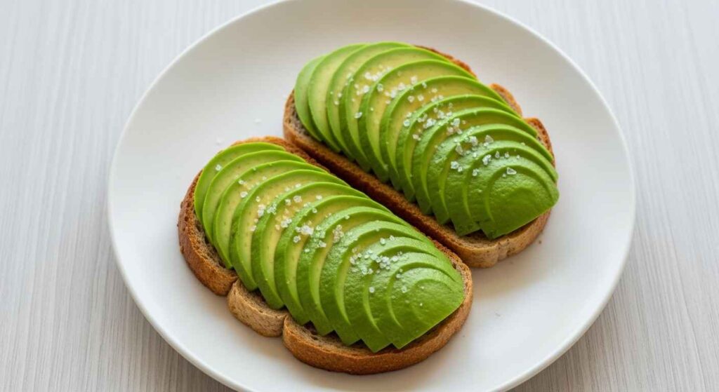 Sliced ripe avocado on whole grain toast.