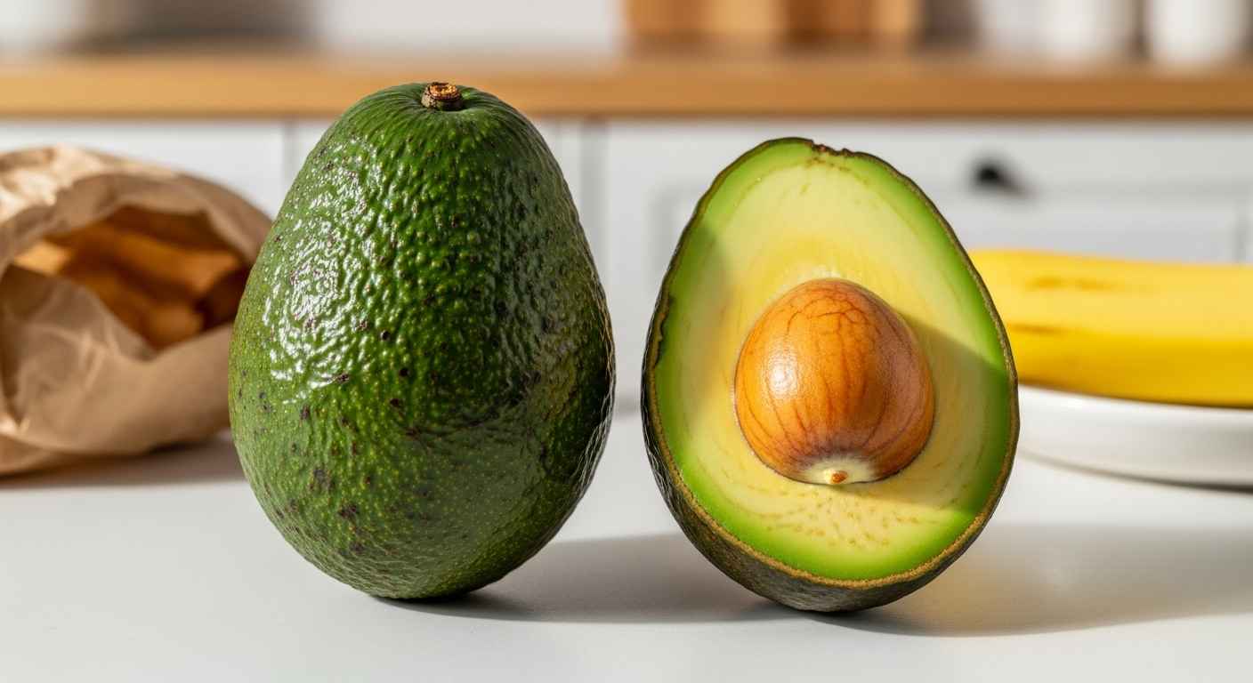 Two avocados showing ripening stages with banana.