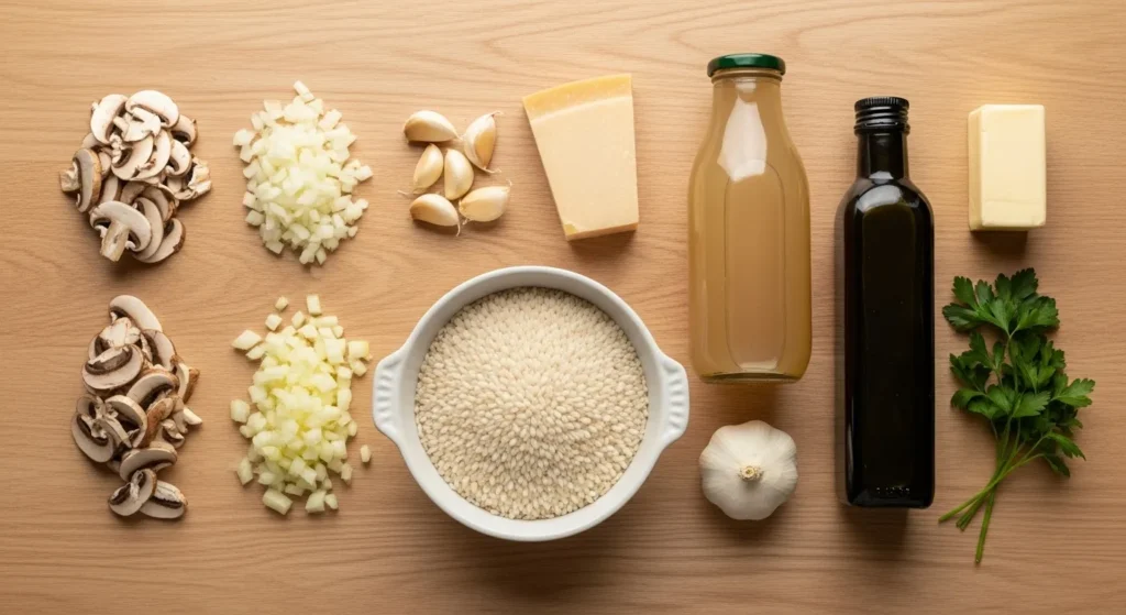 Laid out ingredients including rice, mushrooms, onion, garlic, broth, and cheese.