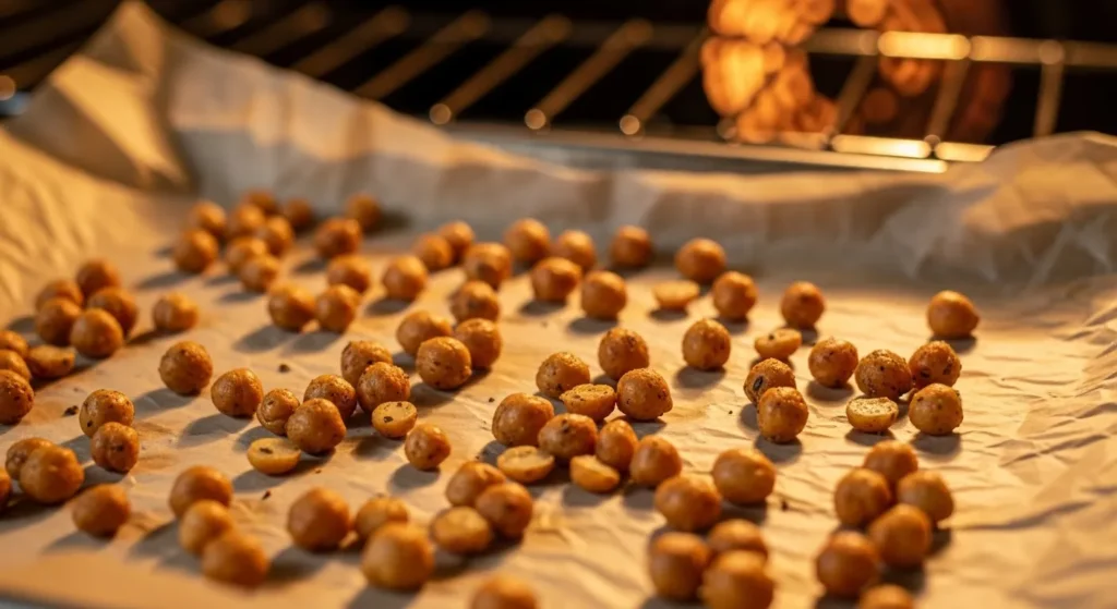Seasoned chickpeas on a parchment-lined baking sheet in the oven.