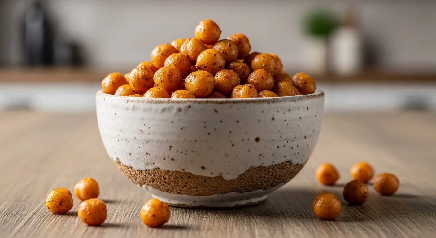 Close-up of a bowl of golden roasted chickpeas for a blog thumbnail.