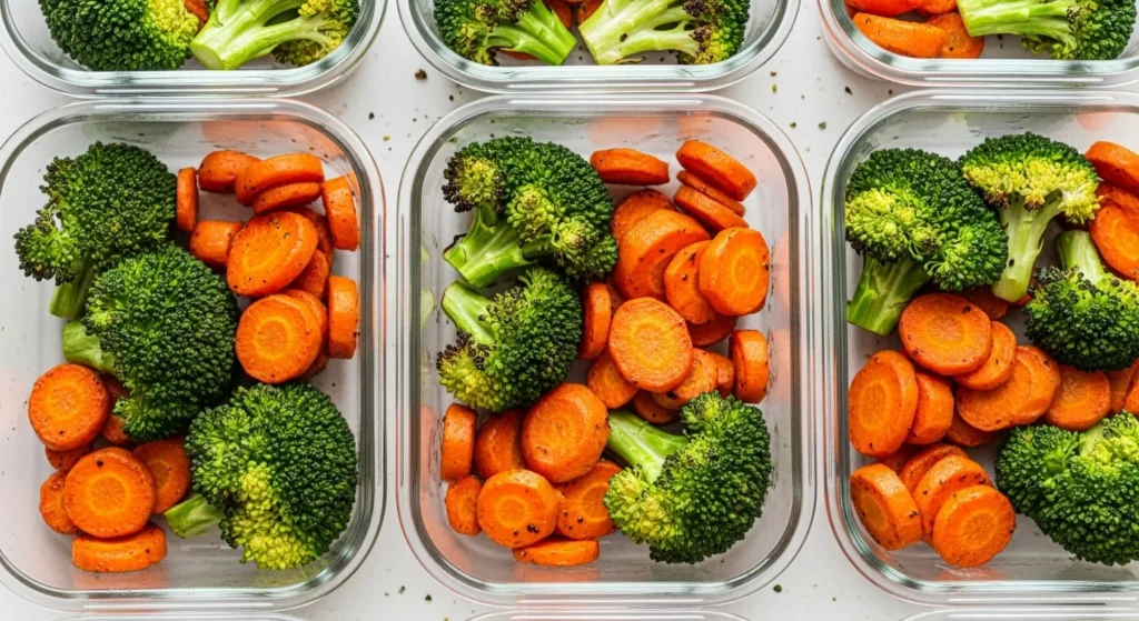 Containers of roasted vegetables for meal prep.