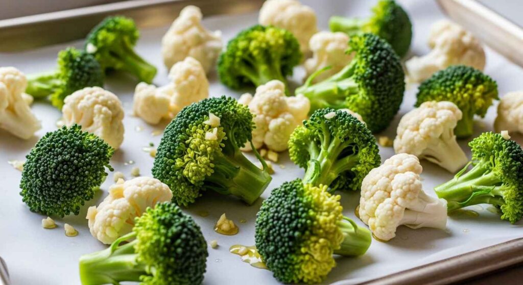 Broccoli and cauliflower on baking sheet before roasting.