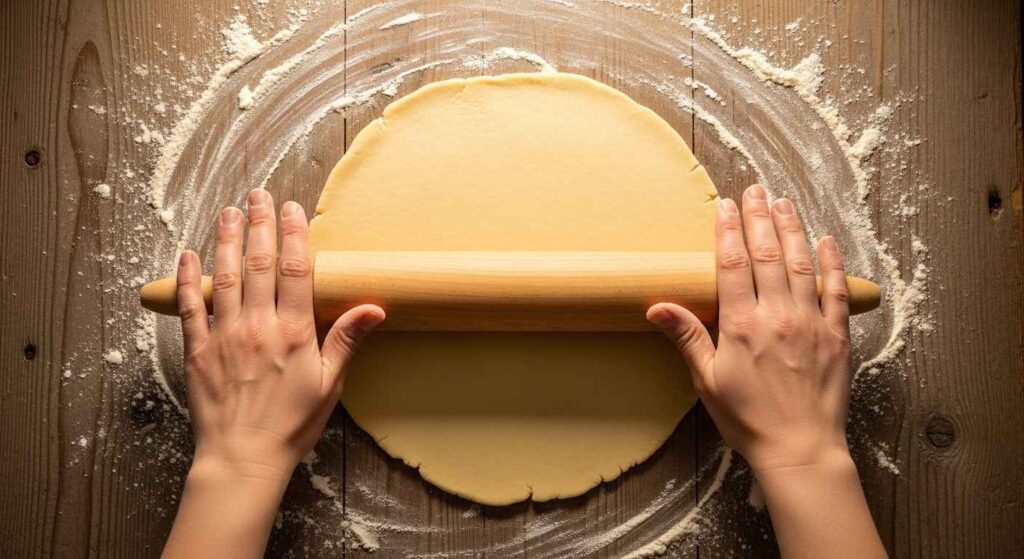 Person rolling flaky pie crust dough with a wooden rolling pin.