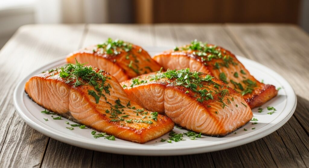 Cooked salmon fillets with seasoning on a plate.