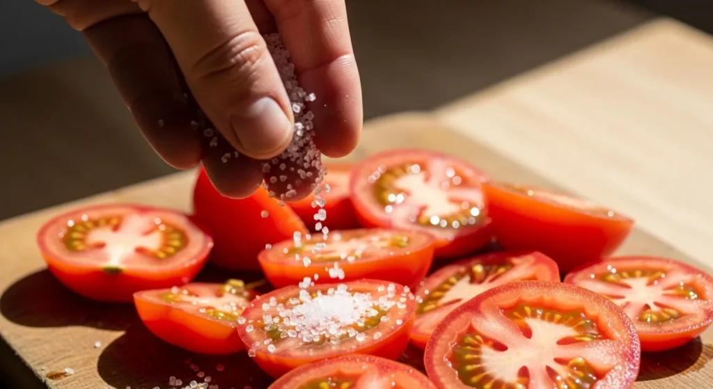 Hand adding salt to fresh tomato slices.
