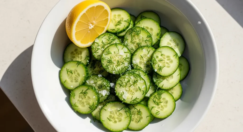 Bowl of sliced cucumbers with dill and salt.