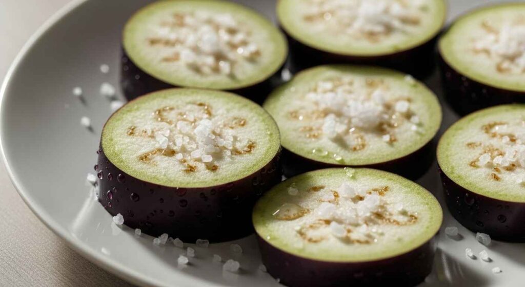 Close-up of salted eggplant slices releasing moisture.