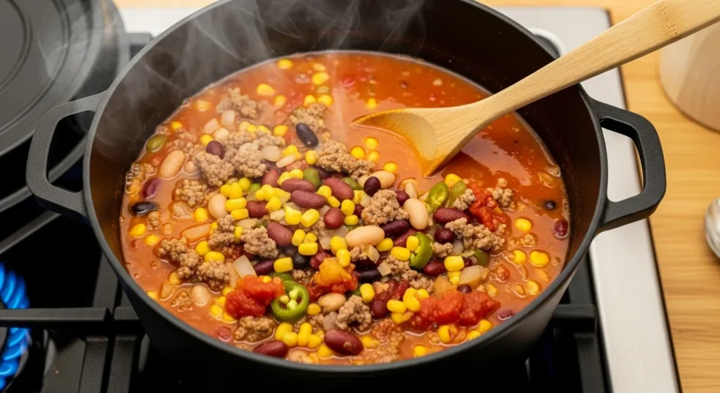 Large pot of Santa Fe soup simmering on stovetop with steam rising.