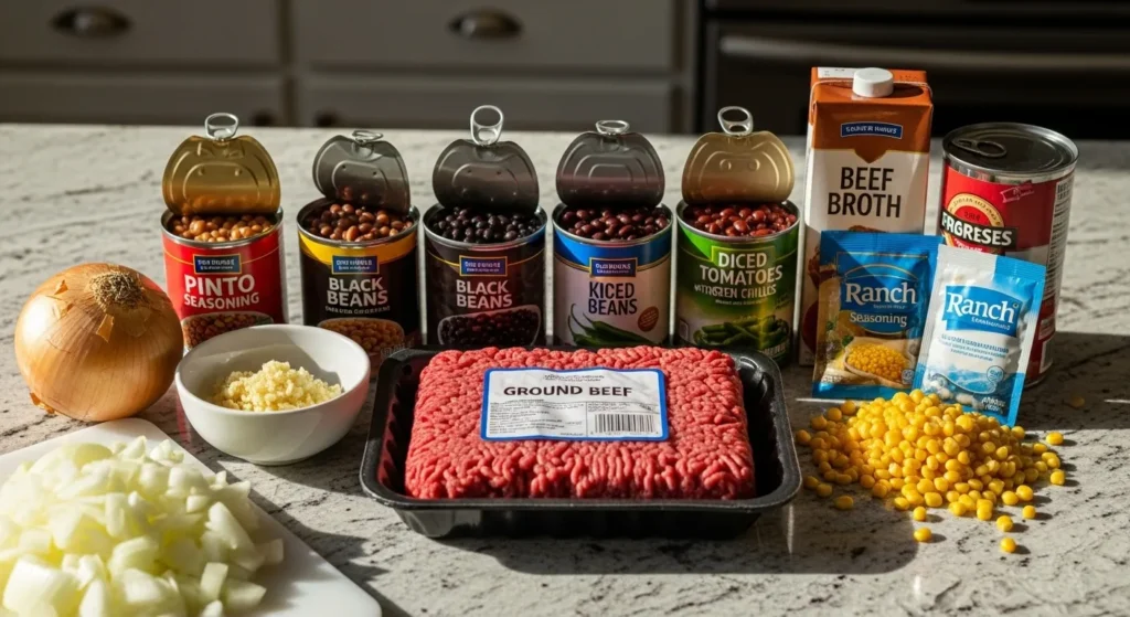 Assortment of ingredients for Santa Fe soup recipe including ground beef, beans, corn, and spices.