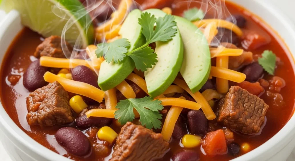 Hearty bowl of Santa Fe soup garnished with cheese, avocado, and cilantro.