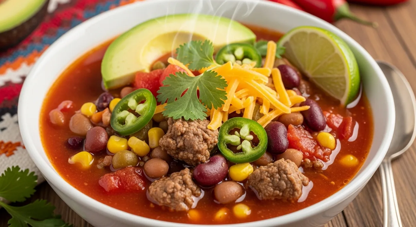 Thumbnail of hearty Santa Fe soup with beef, beans, and toppings.