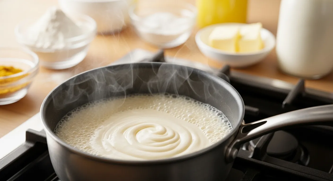 Close-up of white sauce thickening in a pan.