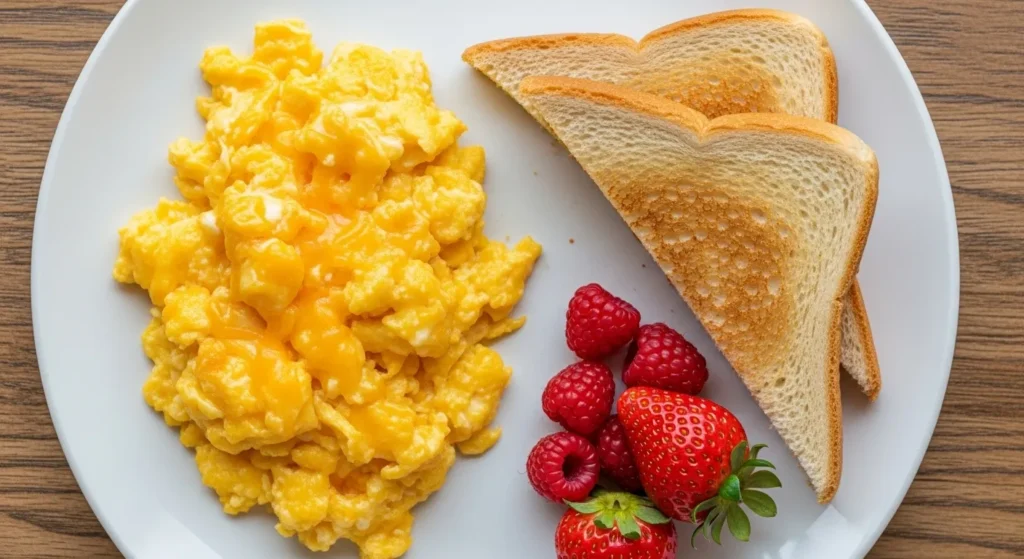 Breakfast plate with cheesy eggs, toast, and berries.