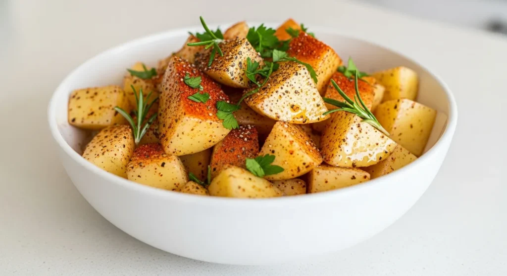 Bowl of raw seasoned potatoes