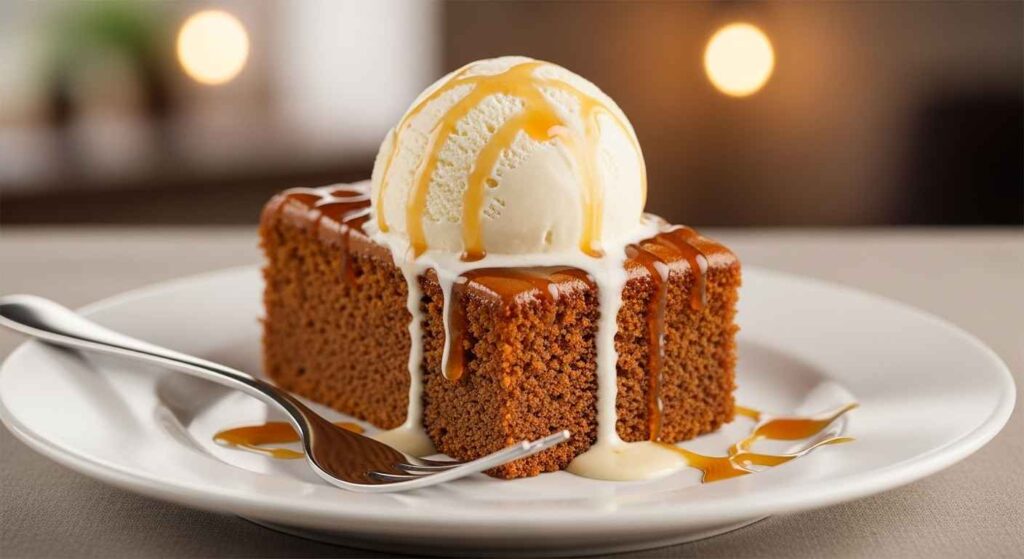 Plate of apple cake with vanilla ice cream scoop