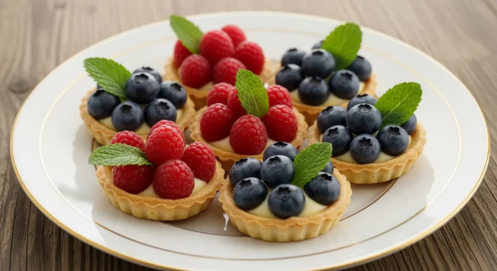 Lemon curd tartlets with fruit toppings.