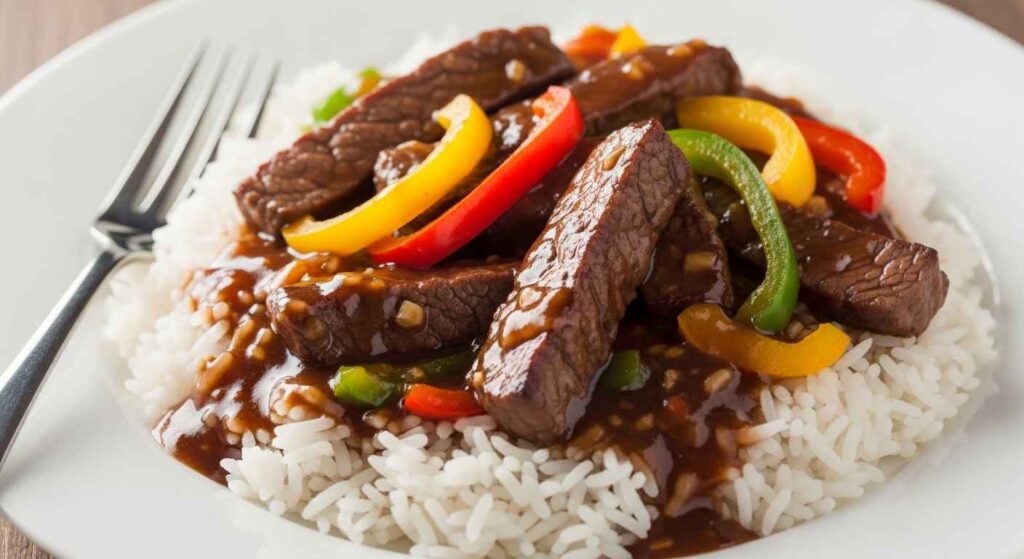 Plate of pepper steak, peppers, and gravy on white rice.