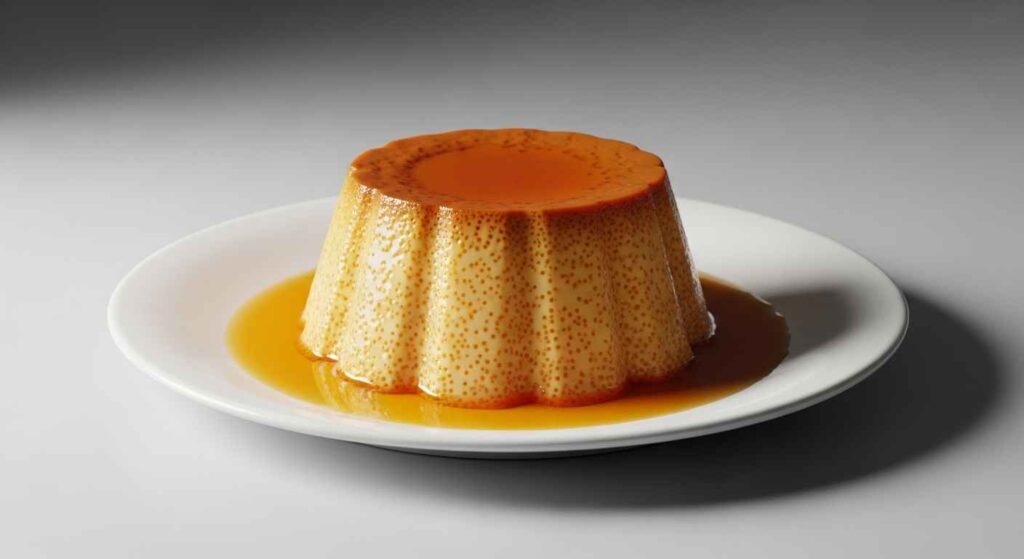 Inverted Puerto Rican flan on platter ready to slice.