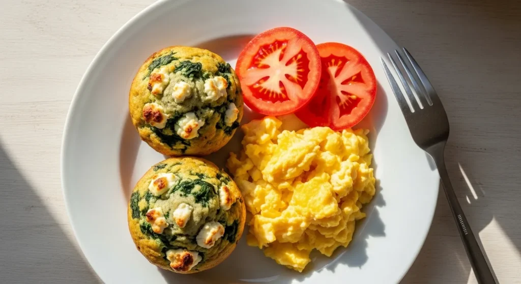 Savory spinach muffins served with scrambled eggs and tomato slices.