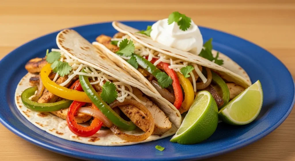 Tortillas filled with chicken, peppers, onions, and garnishes.