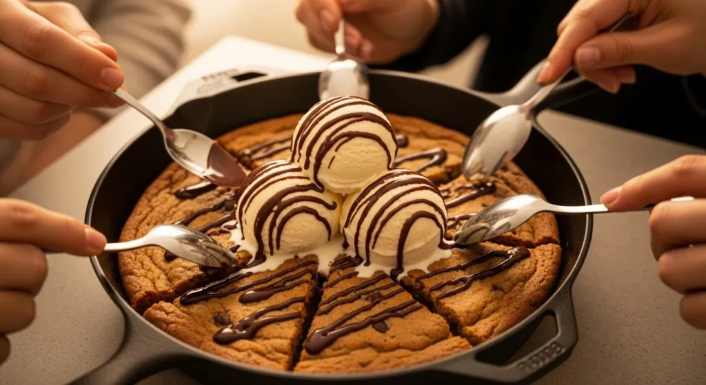 Warm skillet cookie served with vanilla ice cream.