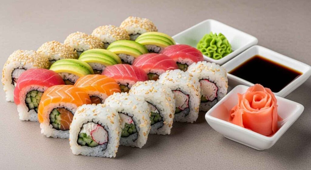 Plate of sliced sushi rolls with soy sauce and ginger.