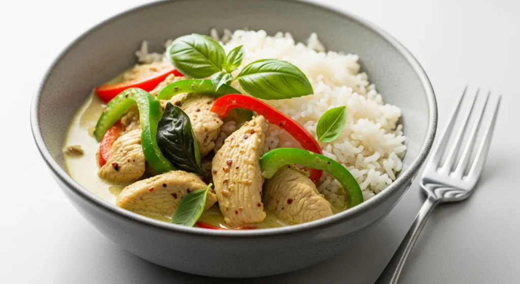 Plated easy Thai green curry with chicken.