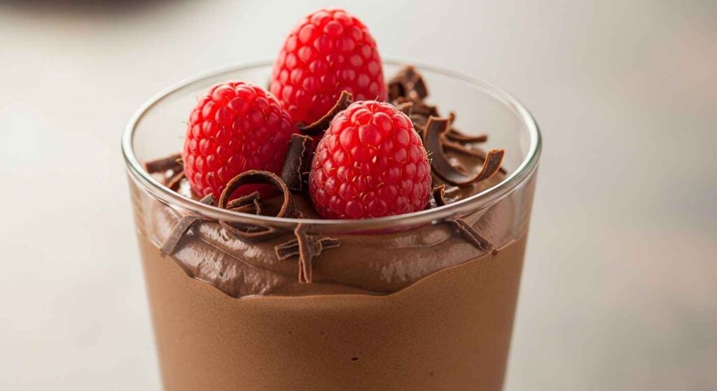 Glass of chocolate mousse topped with berries.
