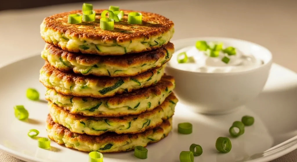 Plate of zucchini fritters and dip.