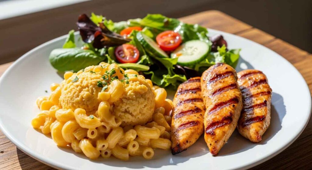 Portion of creamy mac and cheese on a plate with protein.