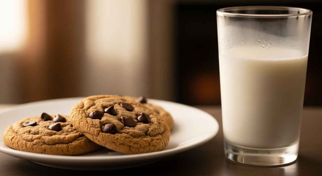 Plate of chocolate chip cookies next to a glass of milk.